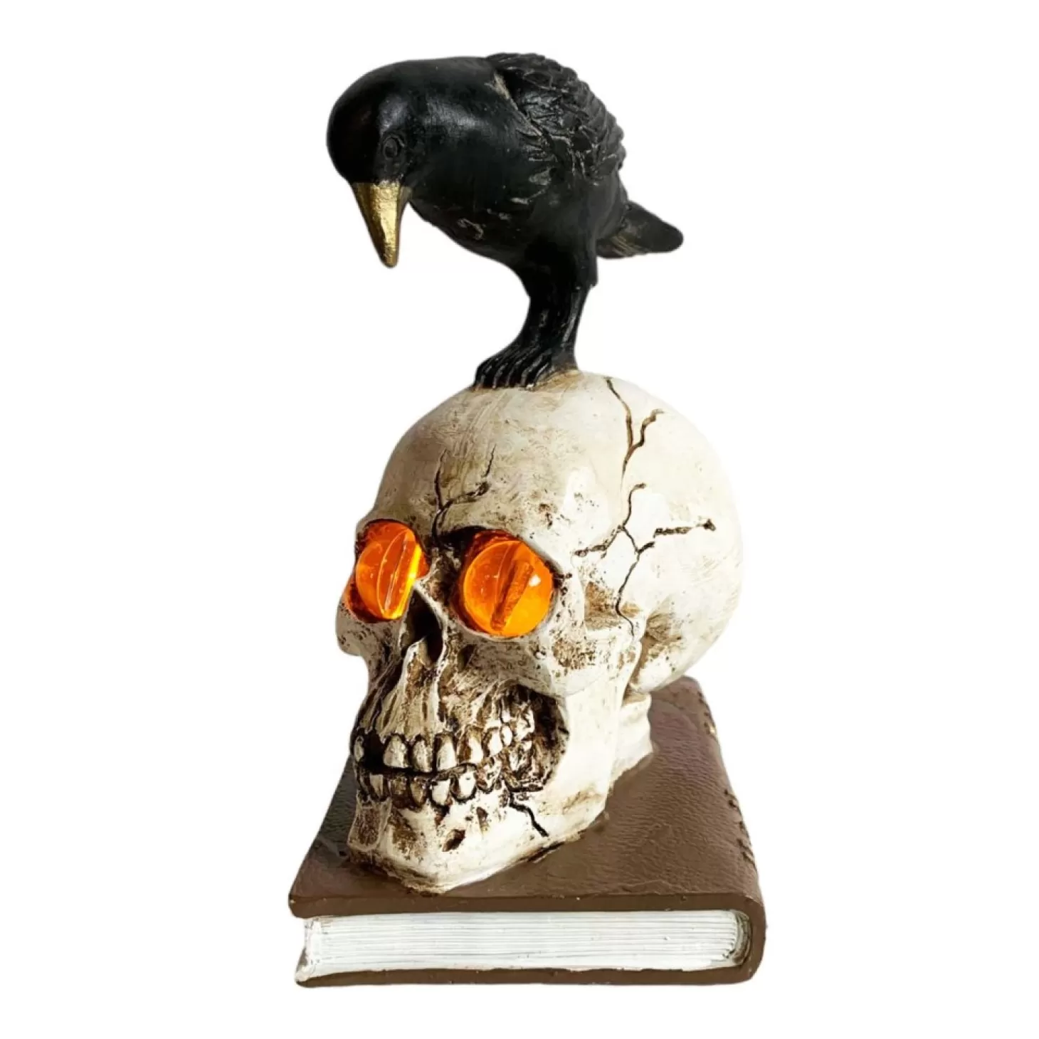 Halloween Decor>Roger's Gardens Black Raven With Glowing Skull On Book - 8" Tall