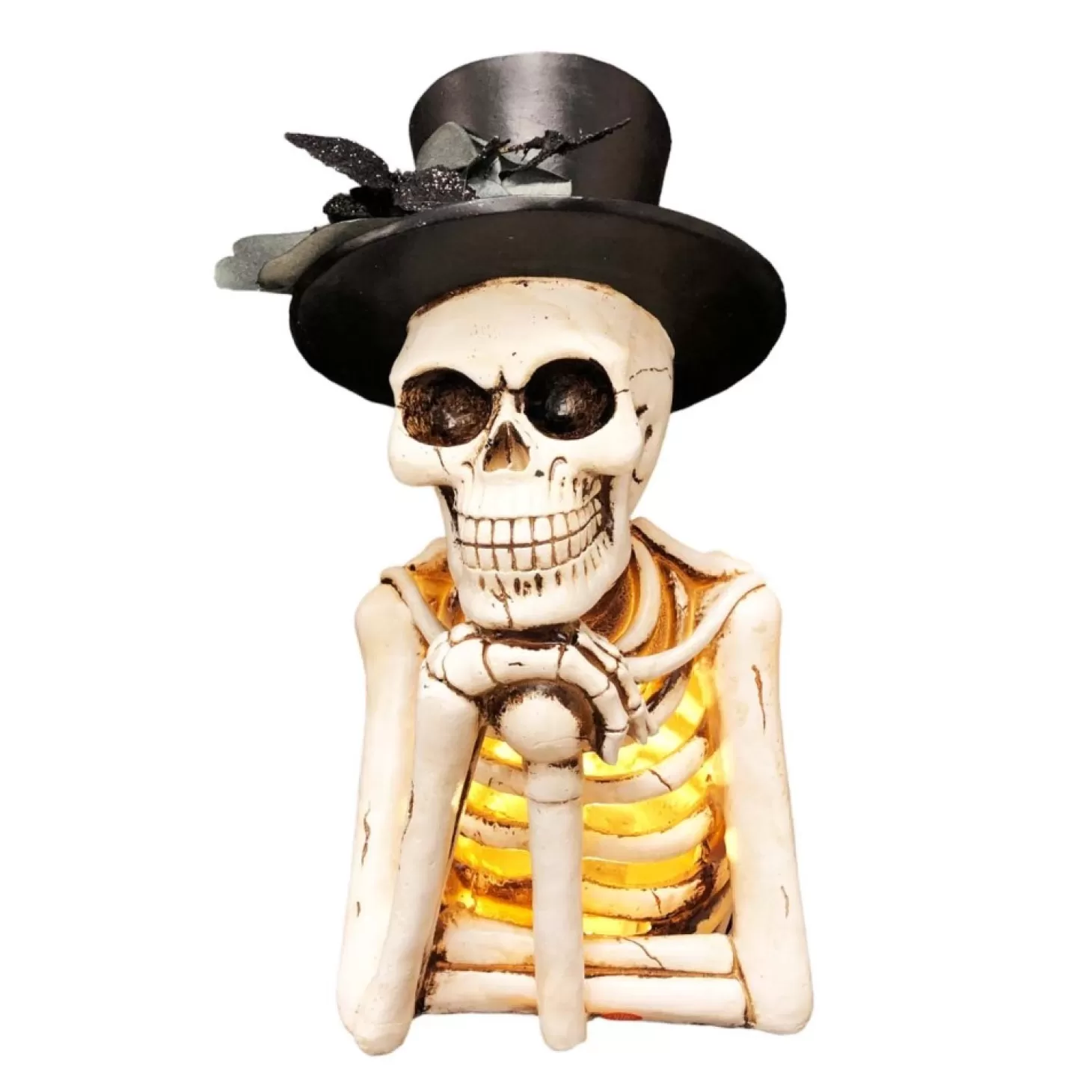 Halloween Decor>Roger's Gardens Black Top Hat Skeleton With Glowing Light - 14" Tall