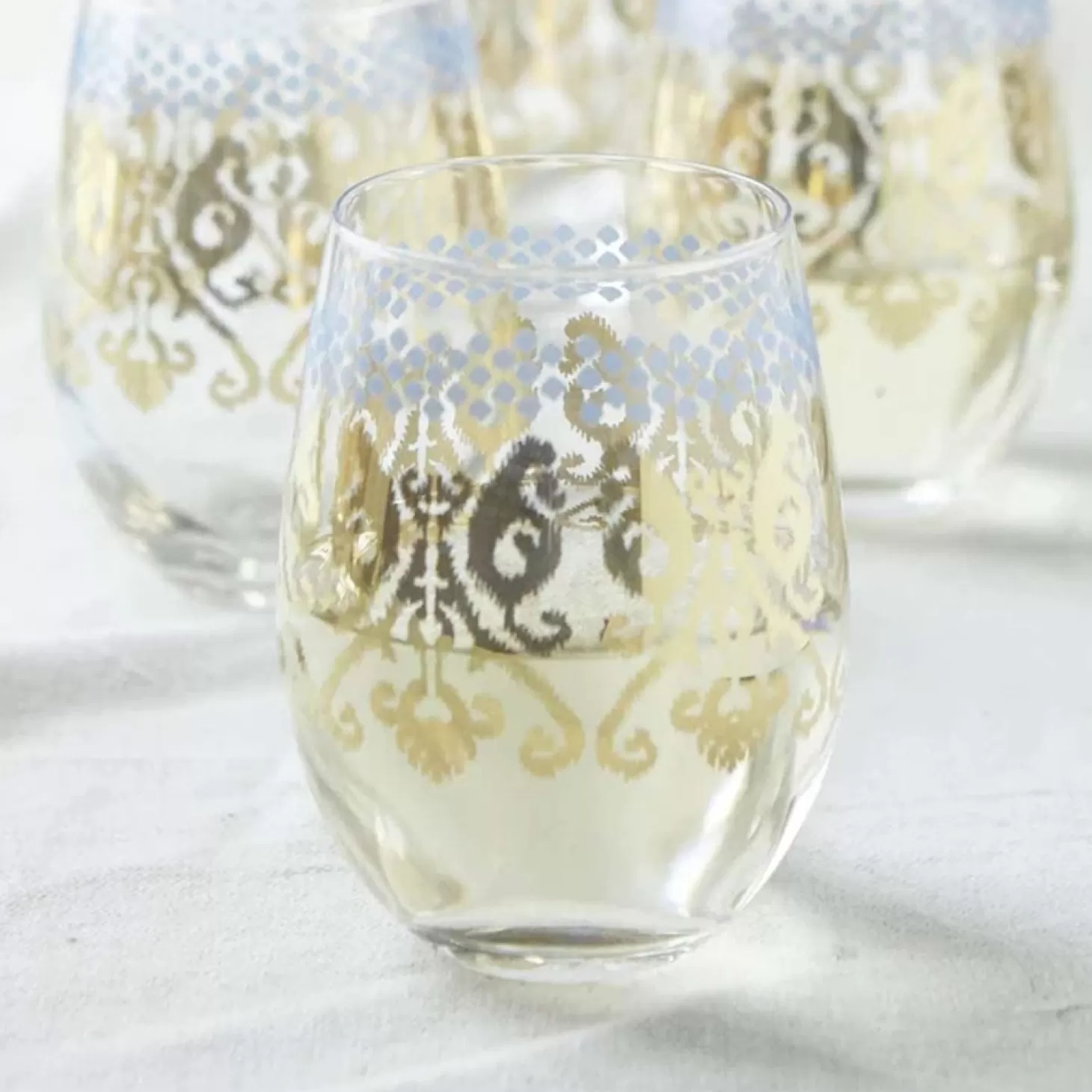 Glassware>Roger's Gardens Golden Ikat Stemless Glass