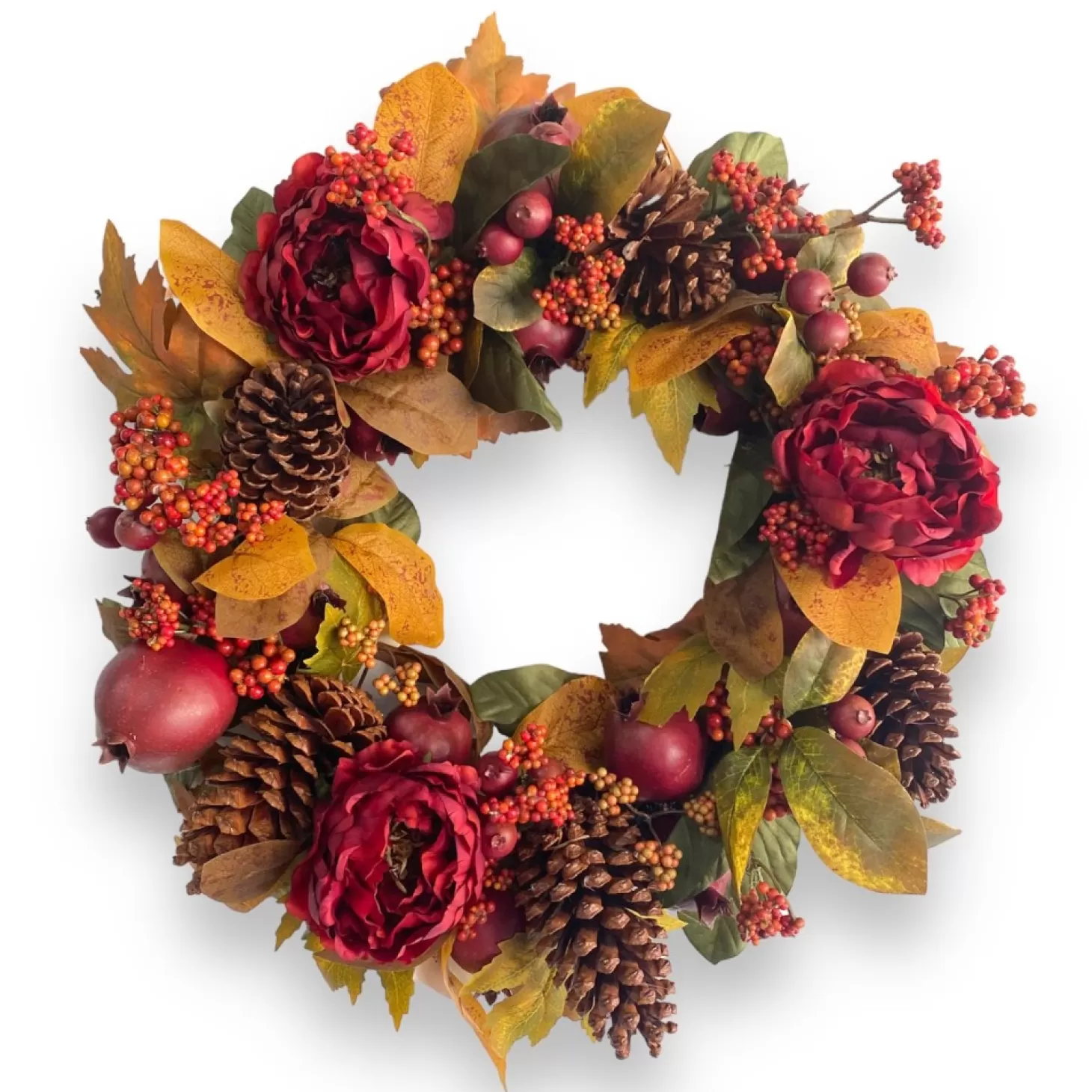 Decor Accents>Roger's Gardens Silk Burgundy Pomegranate & Peony Wreath - 24"