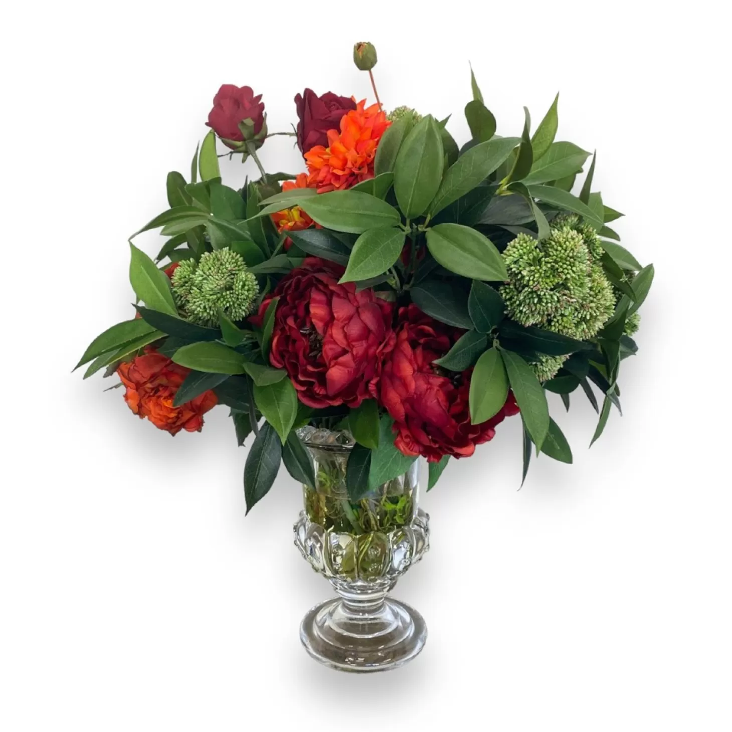 Original Design Arrangements>Roger's Gardens Silk Roses, Dahlias & Peonies In Glass Vase